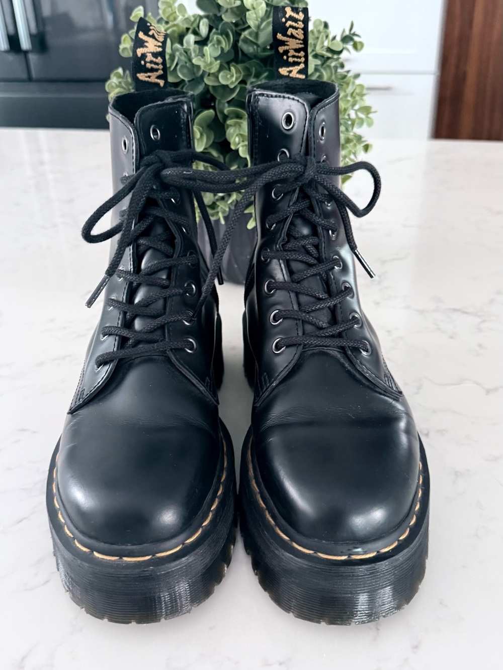 Dr. Martens Black Leather Lace-Up Boots with Yellow Stitching